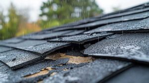 A person measuring the slope of a house roof using a level and tape measure on a cloudy day.
